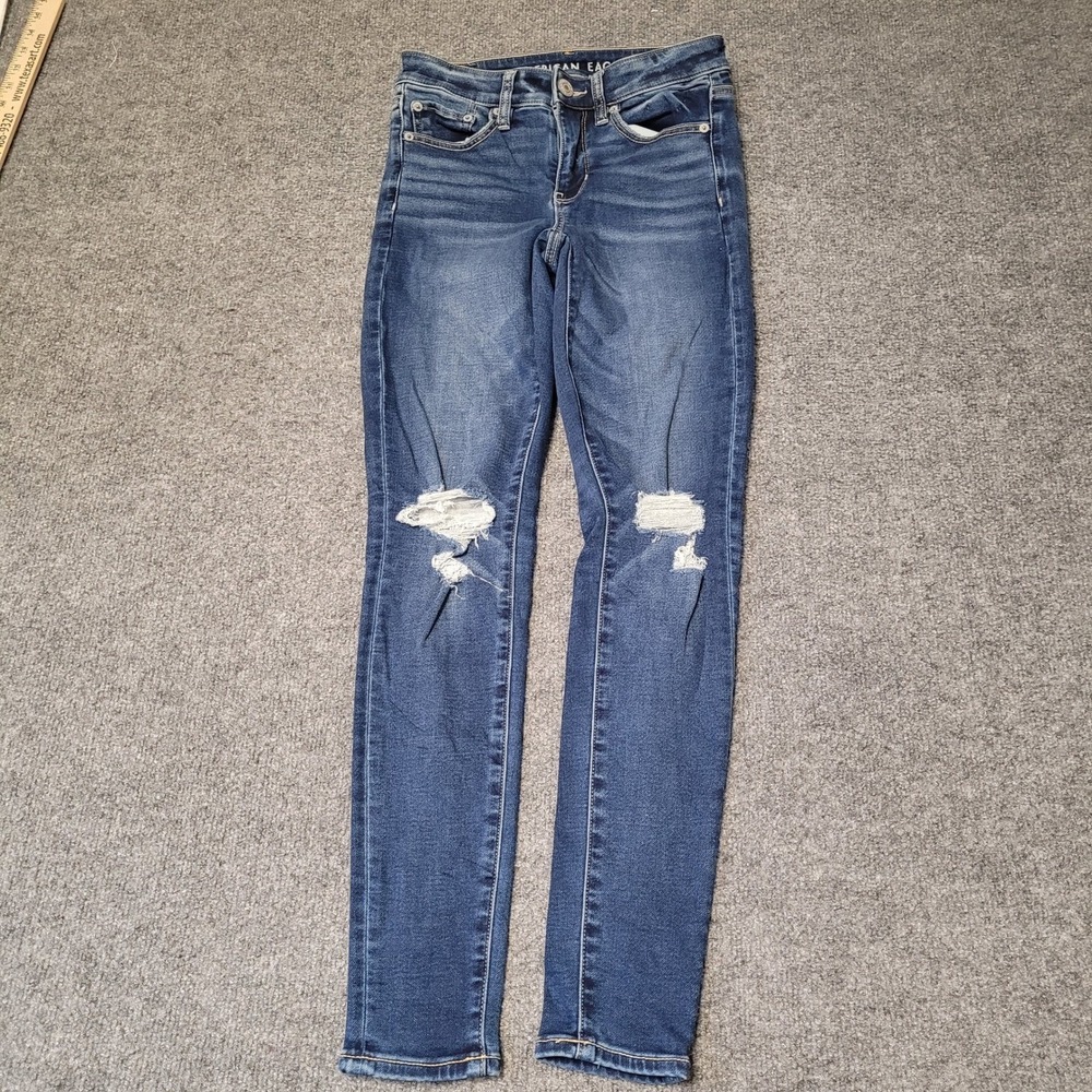 American Eagle Jeans Womens Size 2 Blue Distressed Soft Knit Skinny Ripped Knee